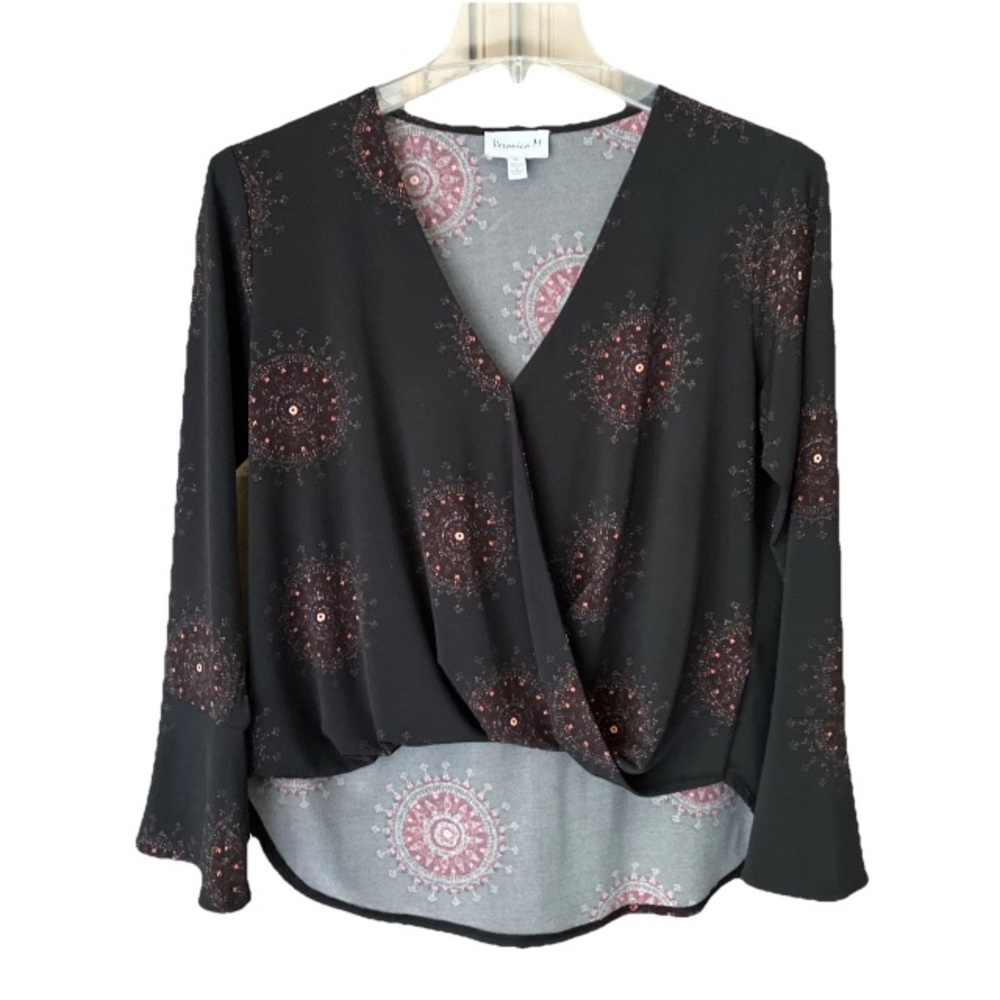 Veronica M 3/4 Bell Sleeve Black Mandala Surplice Blouse Top Pullover V Neck  XL